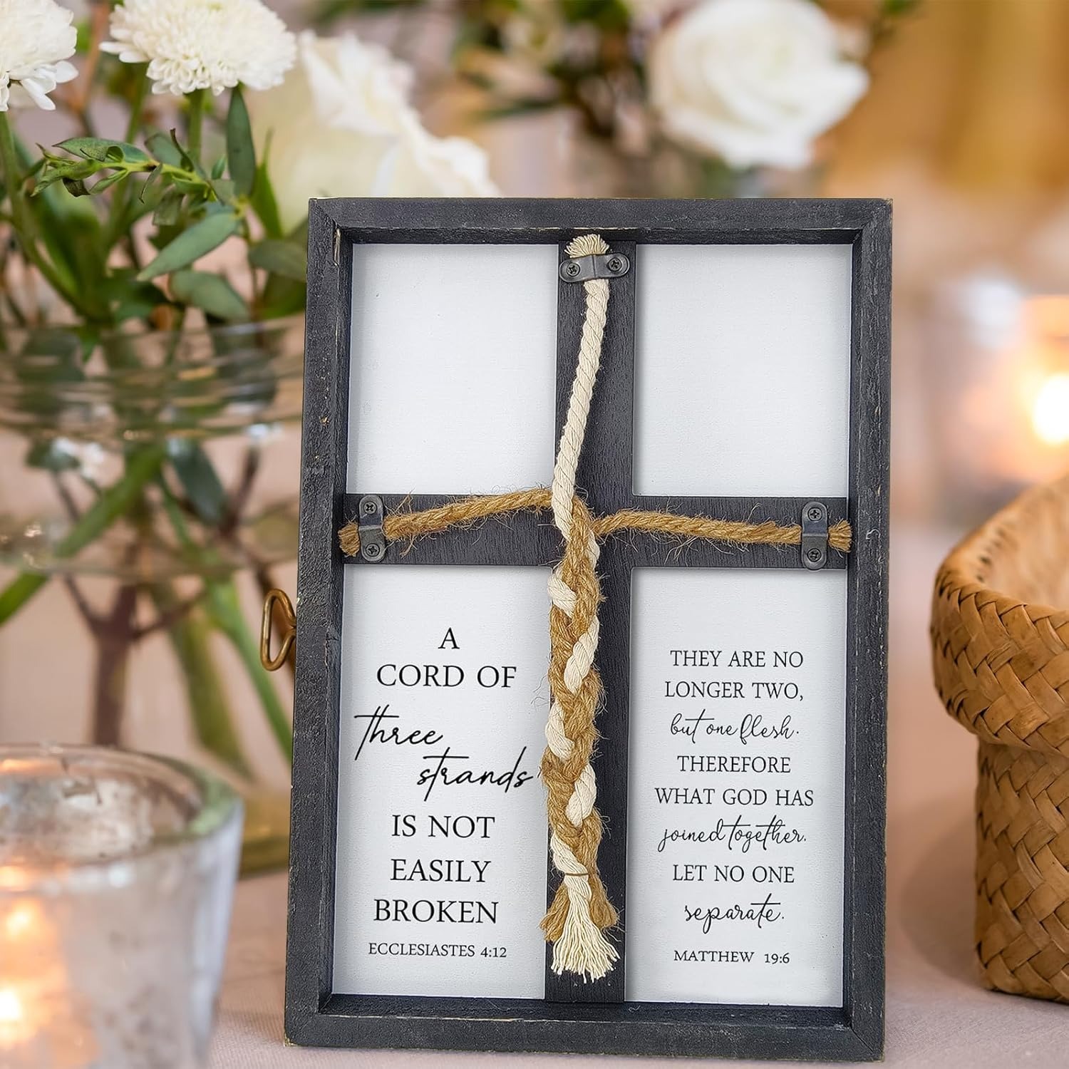 Faith-centered wedding sign featuring three-strand braid and cross – symbolic decor celebrating unity with God in marriage.