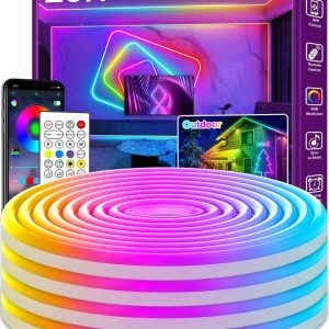 AILBTON 20ft RGB neon rope lights coiled neatly, showcasing vibrant multicolor glow with app and music sync features.