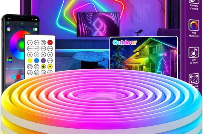 AILBTON 20ft RGB neon rope lights coiled neatly, showcasing vibrant multicolor glow with app and music sync features.