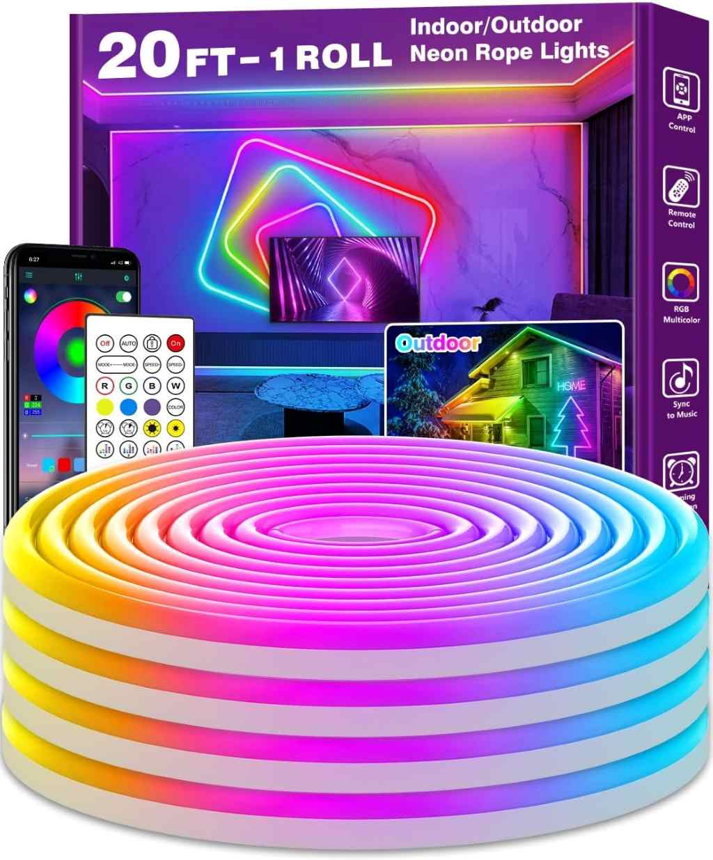 AILBTON 20ft RGB neon rope lights coiled neatly, showcasing vibrant multicolor glow with app and music sync features.