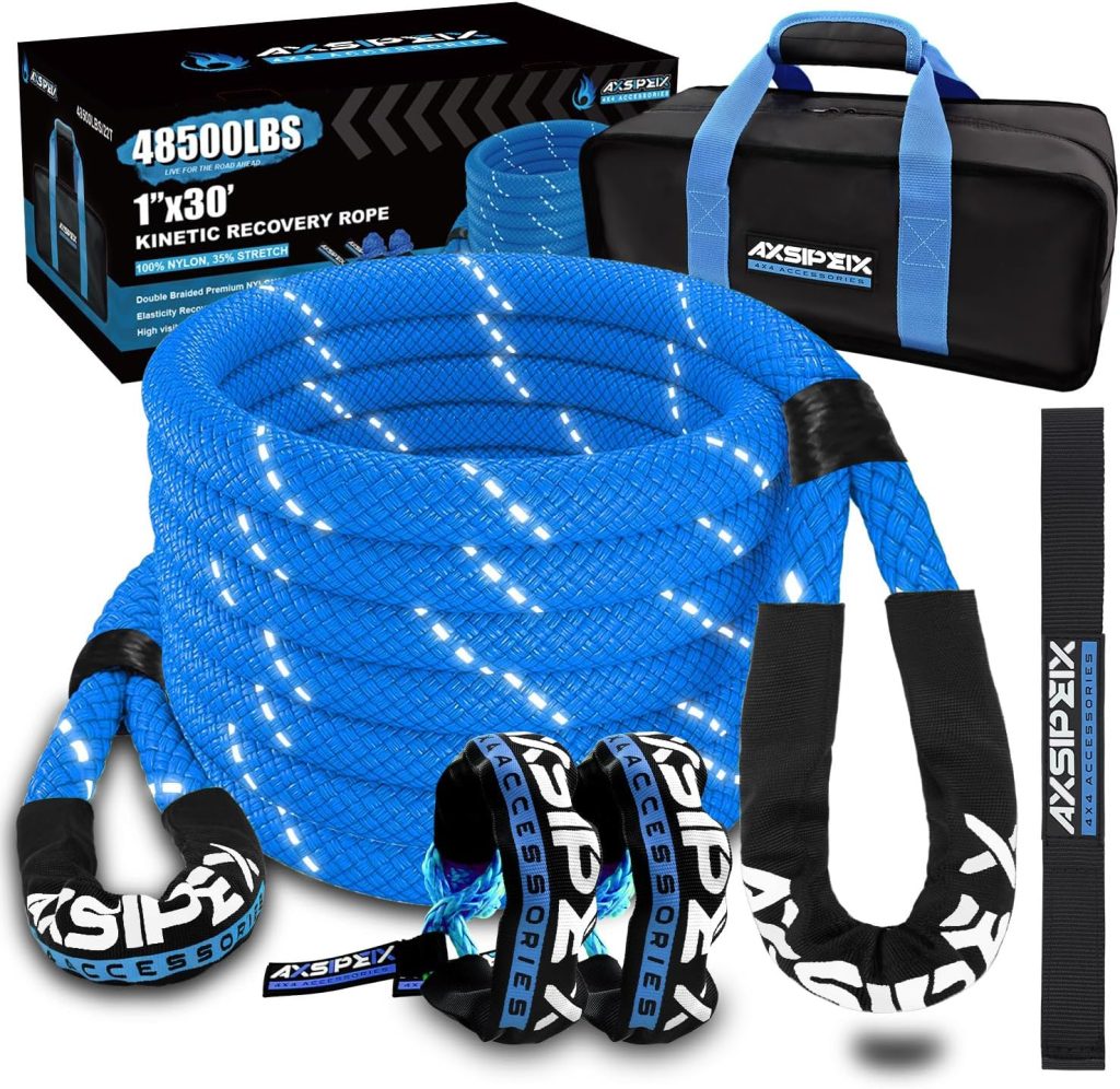 AXSIPEIX 1-inch by 30-foot kinetic recovery rope kit with reflective design, including soft shackles for 4x4 off-road vehicle recovery