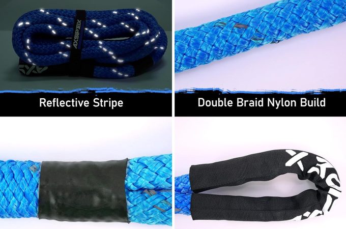 AXSIPEIX kinetic recovery rope kit, 1-inch diameter, 30 feet long, with reflective fibers and two soft shackles for off-road vehicle towing and recovery