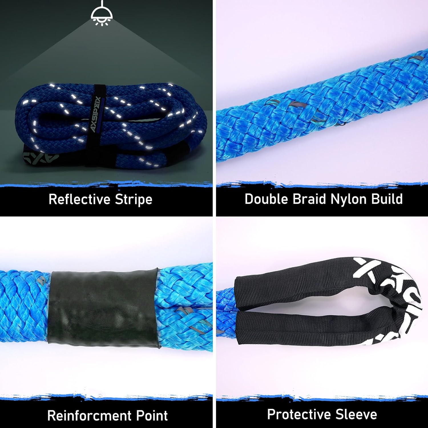 AXSIPEIX kinetic recovery rope kit, 1-inch diameter, 30 feet long, with reflective fibers and two soft shackles for off-road vehicle towing and recovery