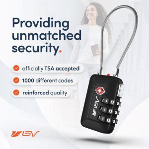 Close-up of BV TSA-approved travel locks on suitcase zippers, featured in a review on travel safety and lock performance.