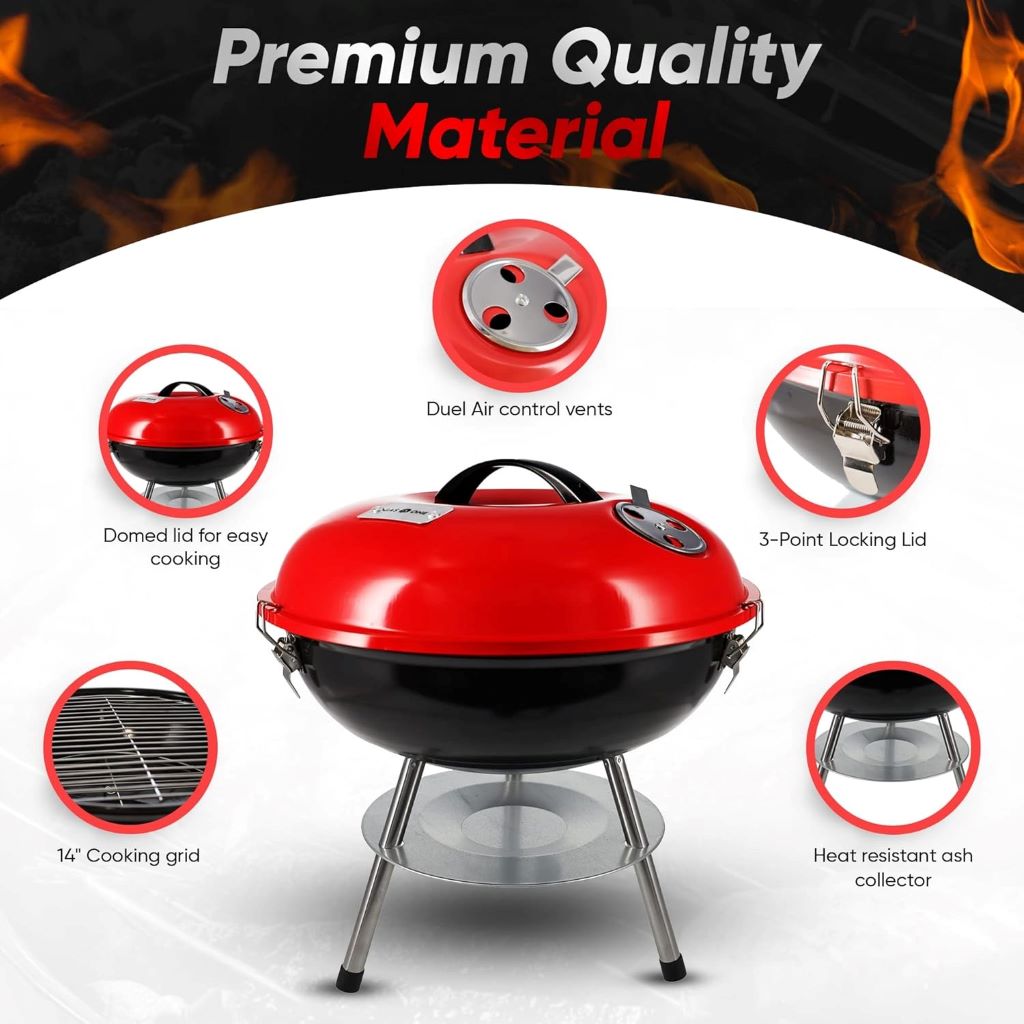 Close-up of Gas One 14” charcoal grill featuring a secure lid and adjustable vents, ideal for backyard grilling.