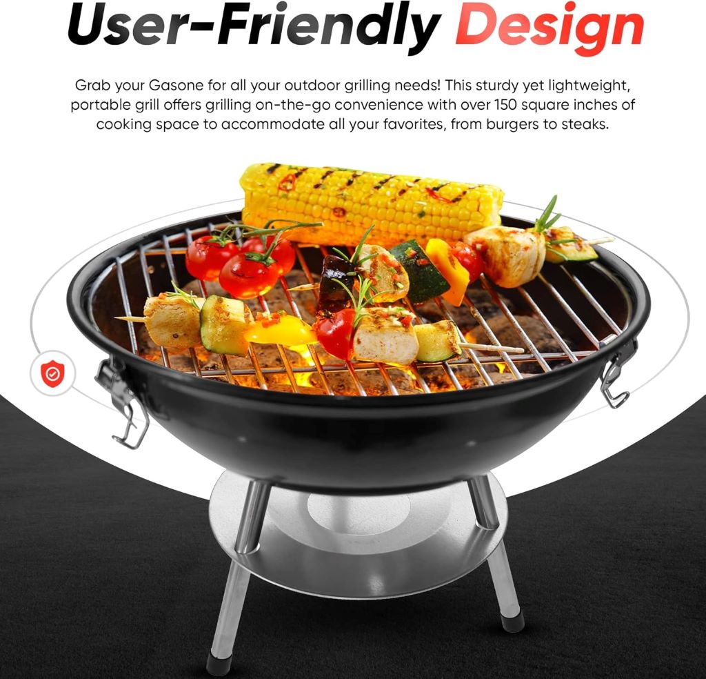 Gas One 14-inch portable charcoal grill with locking lid and dual air vents, shown on a patio ready for outdoor cooking.