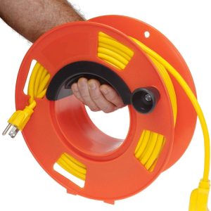 Bayco KW-110 orange cord reel shown coiled neatly, ideal for organized cable storage.