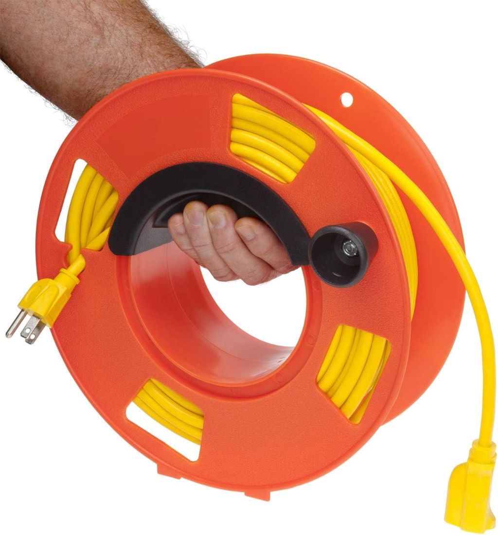 Bayco KW-110 orange cord reel shown coiled neatly, ideal for organized cable storage.