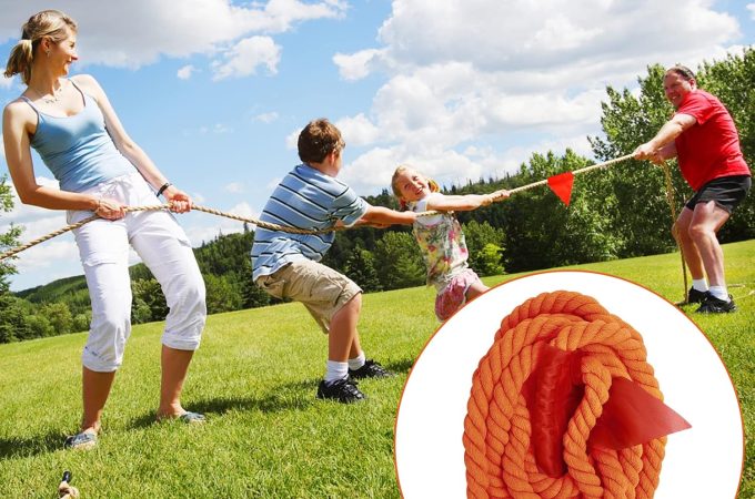20-foot CWLAKON tug of war rope made of durable natural twisted cotton, designed for team games and outdoor activities.