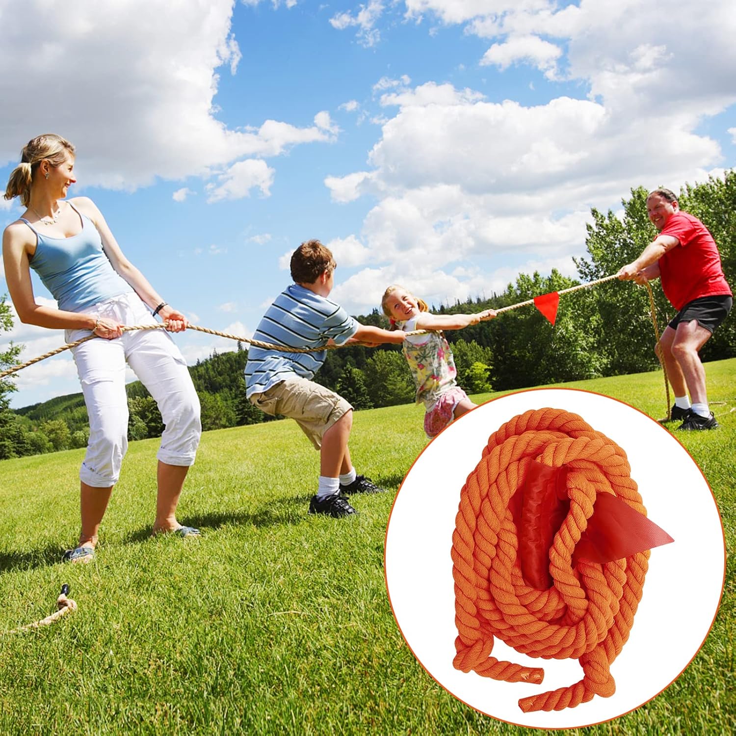 20-foot CWLAKON tug of war rope made of durable natural twisted cotton, designed for team games and outdoor activities.