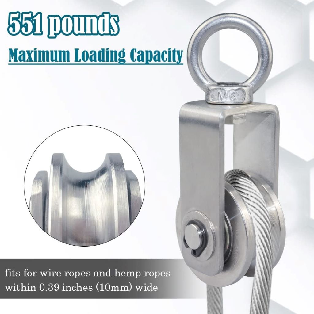 Close-up of stainless steel swivel pulley wheel with silent rotation, ideal for lifting, gym equipment, or clothesline systems