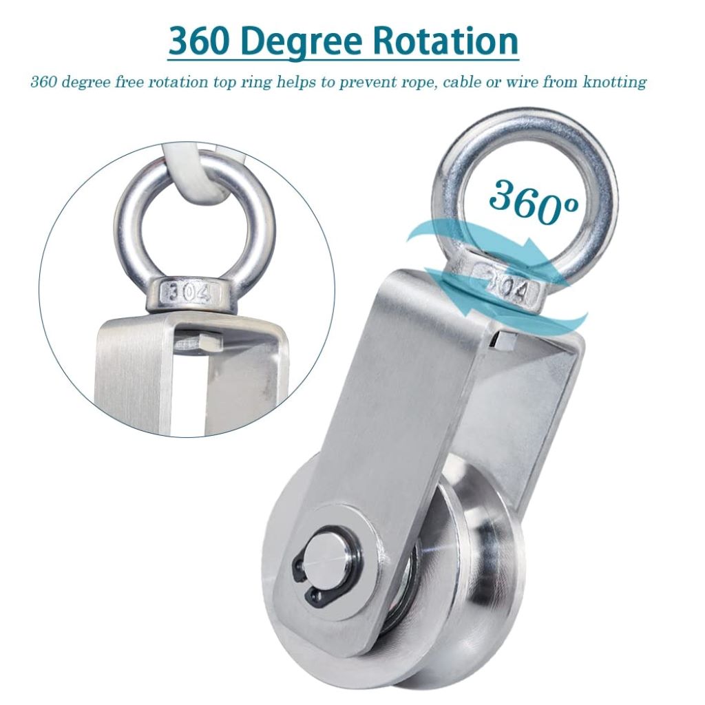 Stainless steel swivel pulley wheel shown in use, featured in honest reviews for lifting, gym setups, and clothesline systems