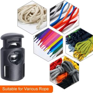 CooBigo 10-pack black plastic spring cord locks displayed on white background, ideal for drawstrings and bungee cords.