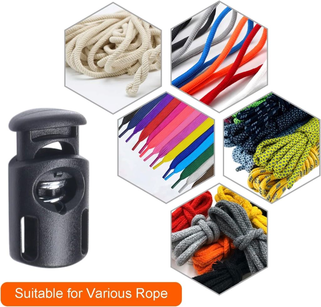 CooBigo 10-pack black plastic spring cord locks displayed on white background, ideal for drawstrings and bungee cords.