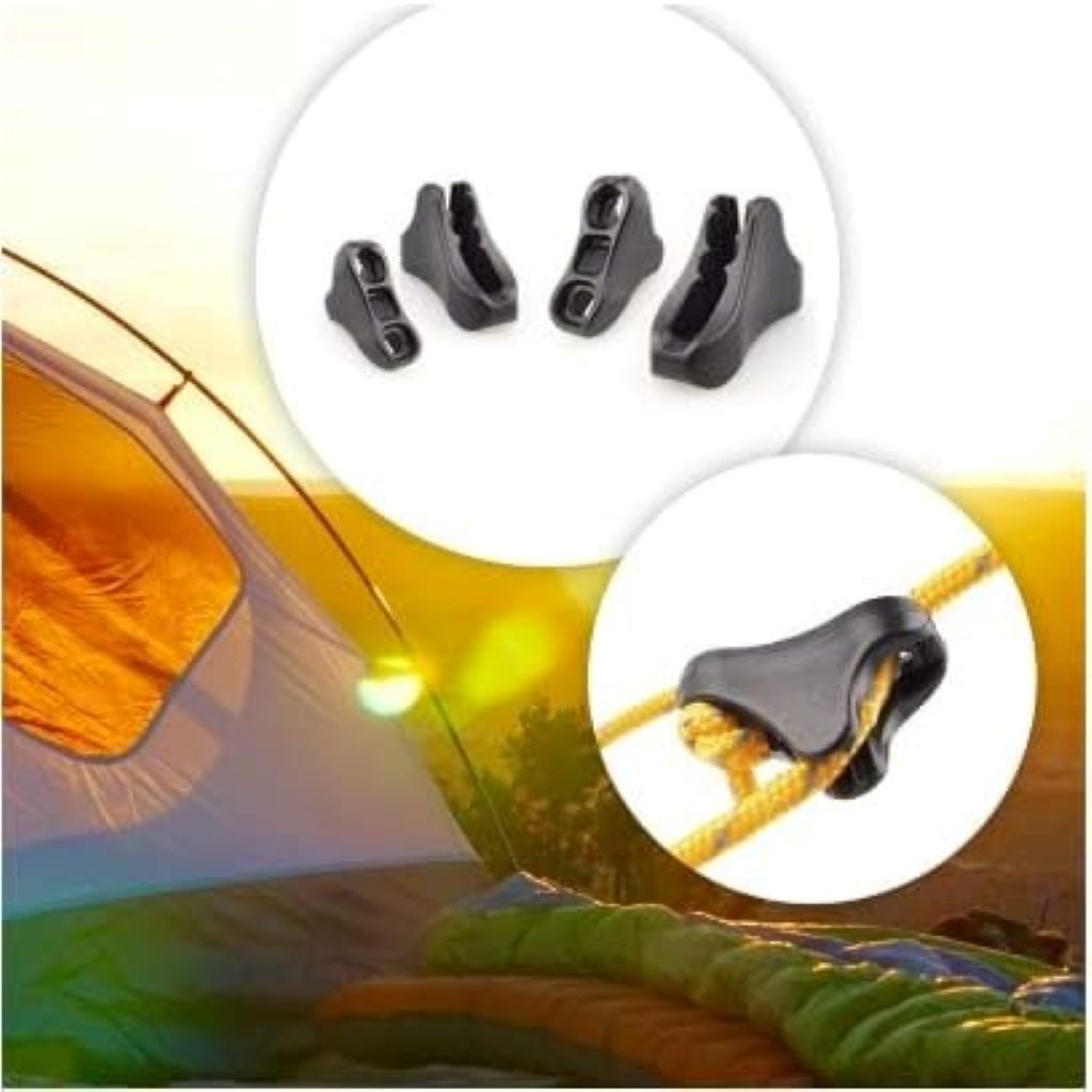 CooBigo 12-pack ultralight guyline tensioners shown in use on a tent setup, highlighting their compact design and durable aluminum build for reliable campsite anchoring.