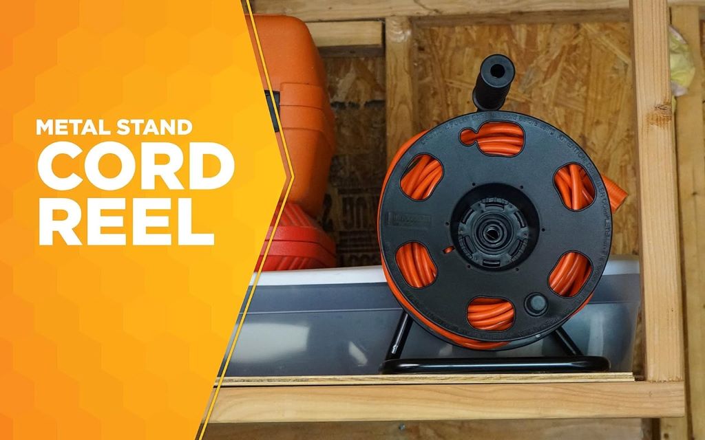 Close-up of Woods heavy-duty cord reel stand in black, designed to hold 100 ft of 14/3 cable—featured in honest product reviews.