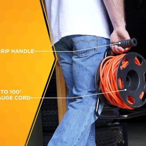 Sturdy black Woods metal extension cord reel stand with ergonomic handle, supports up to 100 ft of 14/3 cords—ideal for heavy-duty use.
