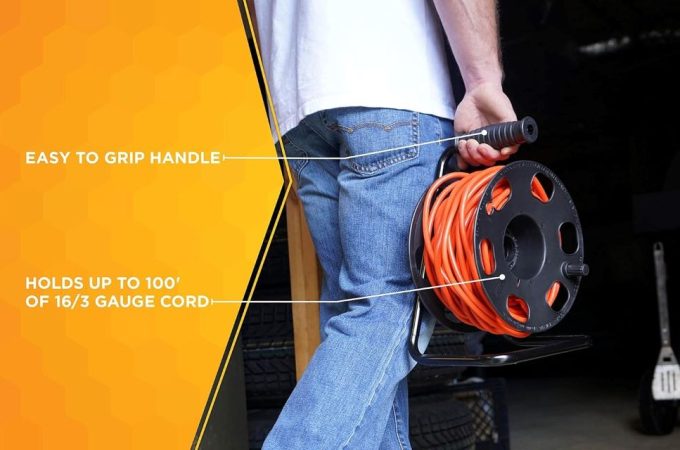 Sturdy black Woods metal extension cord reel stand with ergonomic handle, supports up to 100 ft of 14/3 cords—ideal for heavy-duty use.