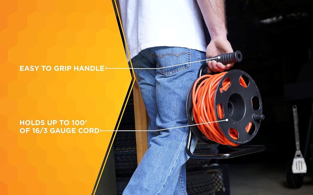 Sturdy black Woods metal extension cord reel stand with ergonomic handle, supports up to 100 ft of 14/3 cords—ideal for heavy-duty use.