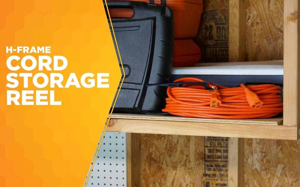 Close-up of Woods extension cord wrap designed for light-duty use and easy storage