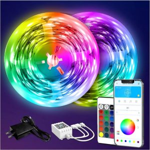 DAYBETTER 130ft RGB LED strip lights displayed in vibrant colors, with remote control shown beside the packaging.
