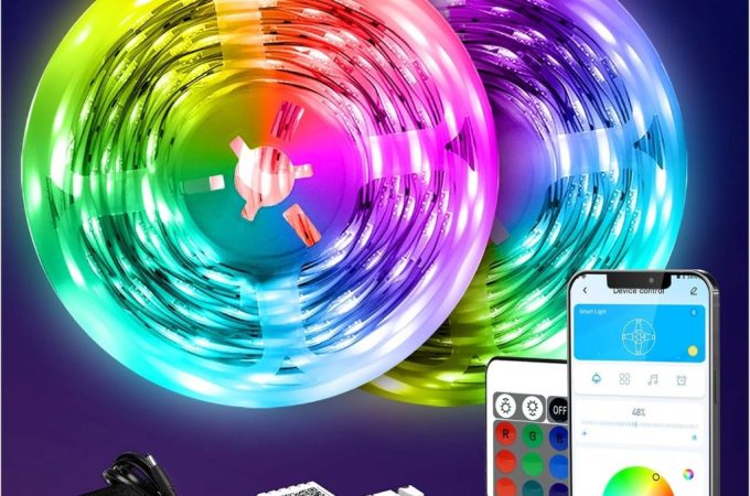 DAYBETTER 130ft RGB LED strip lights displayed in vibrant colors, with remote control shown beside the packaging.