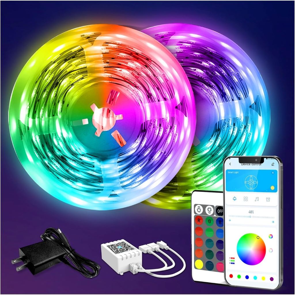 DAYBETTER 130ft RGB LED strip lights displayed in vibrant colors, with remote control shown beside the packaging.