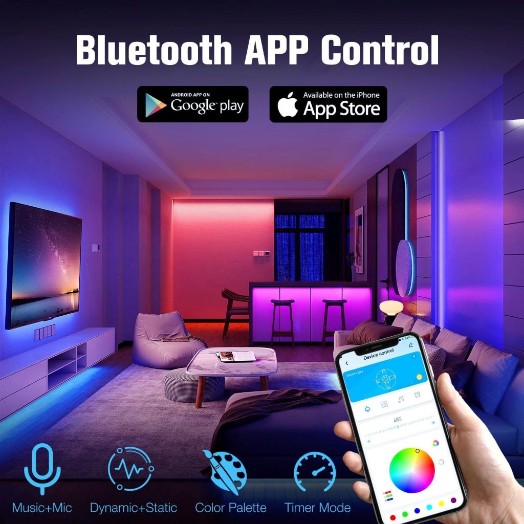 Colorful DAYBETTER LED strip lights outlining a bedroom ceiling, showcasing ambient lighting and remote features.