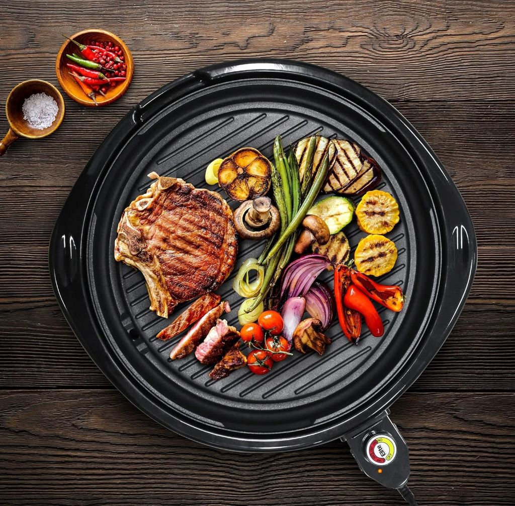 Stylish indoor BBQ setup featuring Elite Gourmet 14″ smokeless electric grill—perfect for small kitchens and apartment living