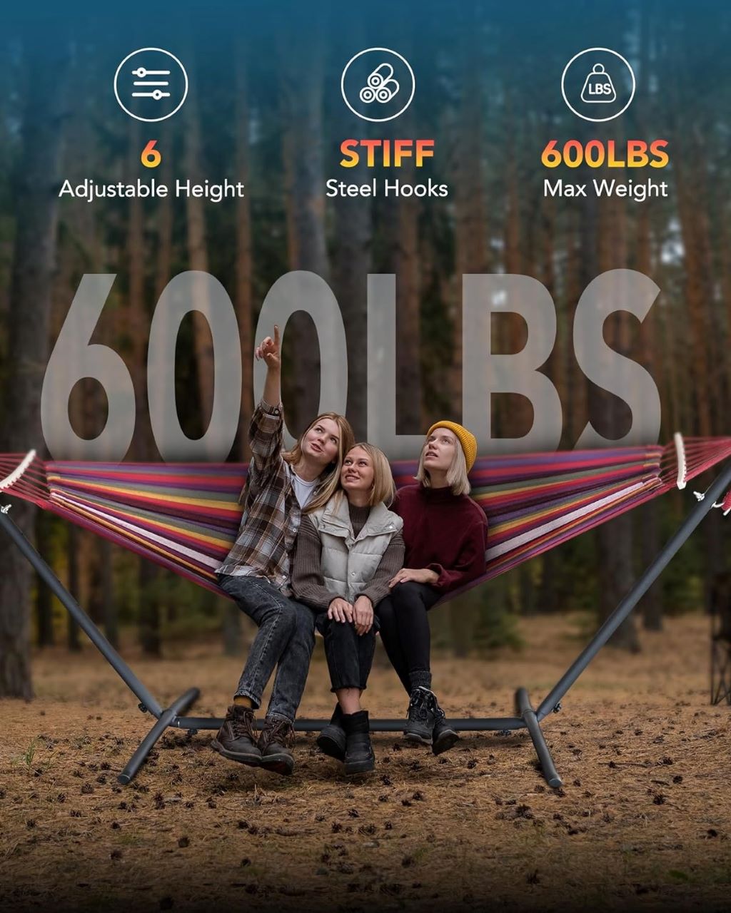 Cozy double hammock setup with steel stand in backyard—portable comfort solution for relaxing solo or with a partner.