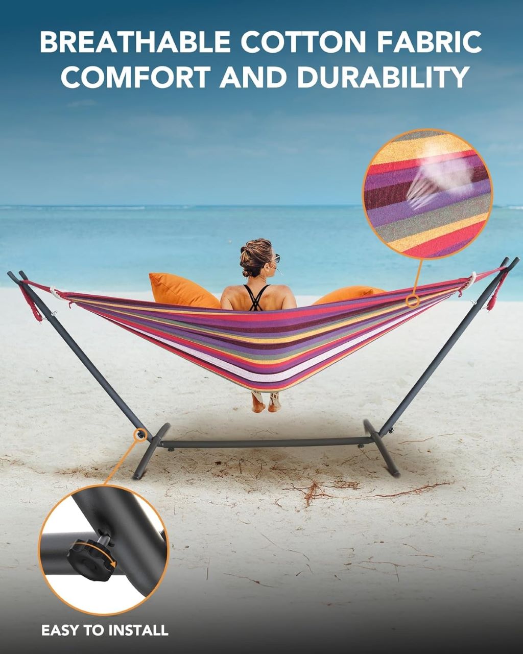 Assembled double hammock with steel stand shown outdoors, highlighting its sturdy frame and spacious design for two people.