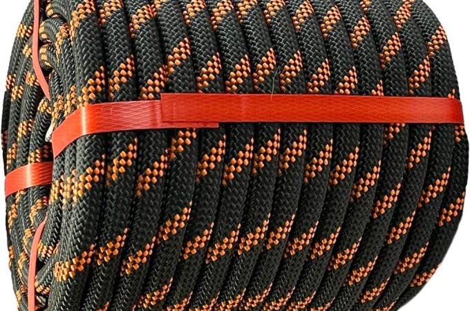 Black 1/2 inch x 100ft braided polyester arborist rigging rope coiled neatly