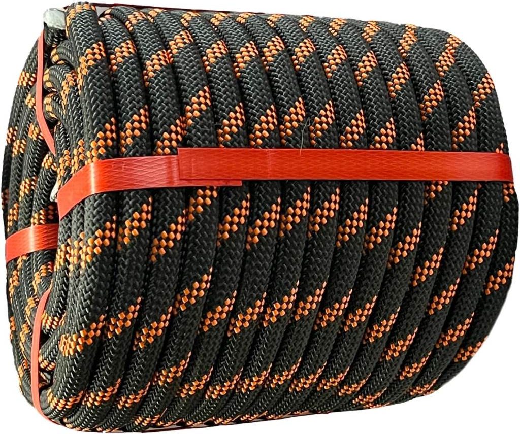Black 1/2 inch x 100ft braided polyester arborist rigging rope coiled neatly