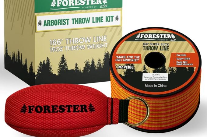 FORESTER Arborist Throw Line Kit showing 166ft ultra-slick polyester rope and throw weight for tree climbing.