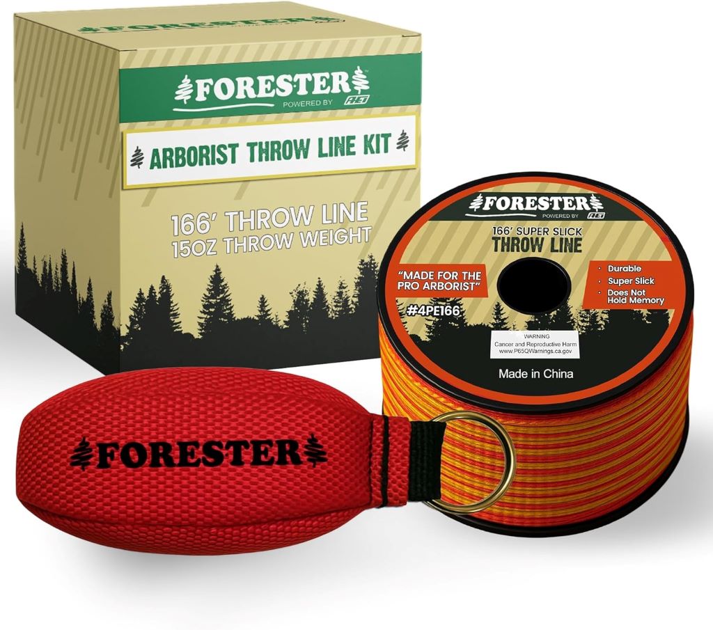 FORESTER Arborist Throw Line Kit showing 166ft ultra-slick polyester rope and throw weight for tree climbing.
