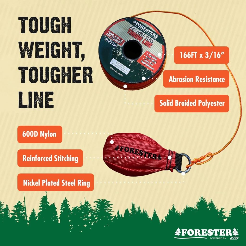 Close-up of FORESTER Arborist Throw Line Kit with smooth rope and throw weight, ideal for arborist use.