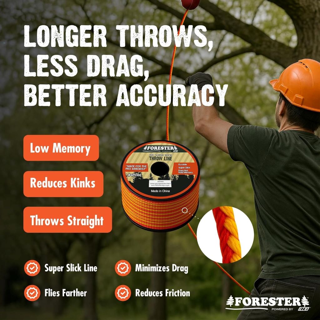 Arborist using FORESTER Throw Line Kit outdoors, highlighting durable rope and professional tree climbing equipment.