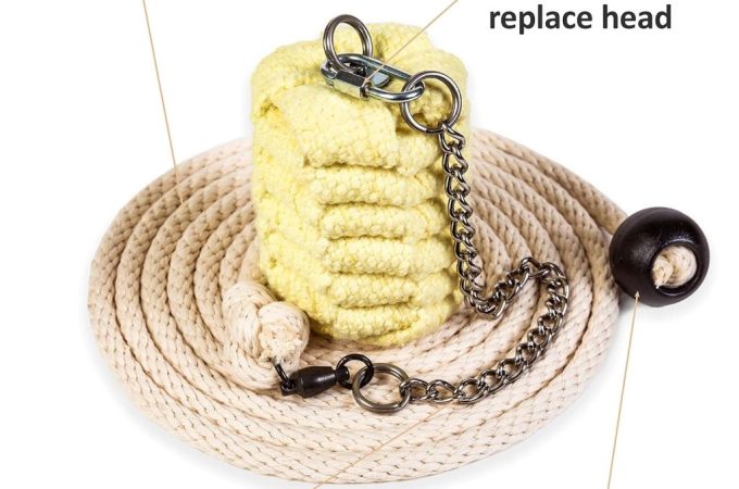 FIRE MECCA 12ft fire rope dart with 3″ Kevlar head coiled neatly, showcasing durable weave and performance-grade materials.