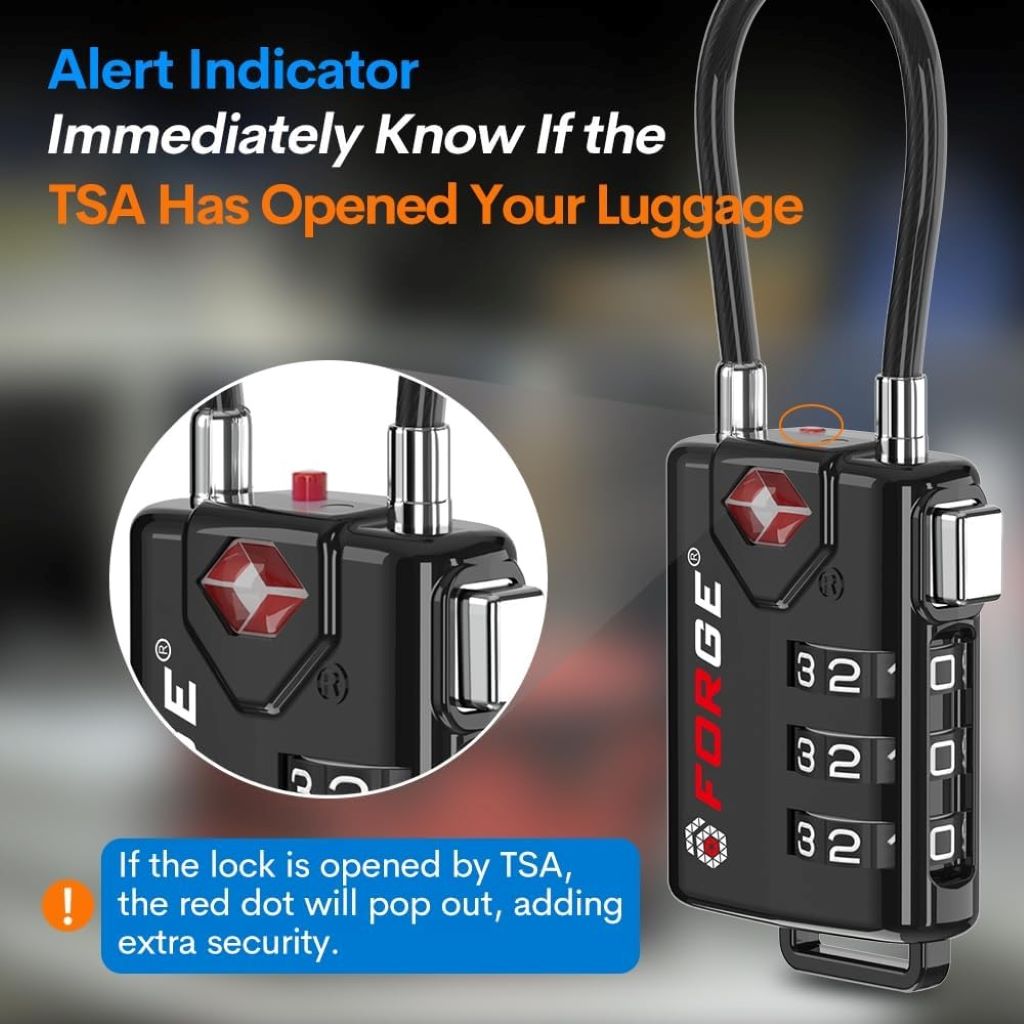 Forge TSA-approved cable luggage locks in black, shown as a 2-pack with resettable combination dials.