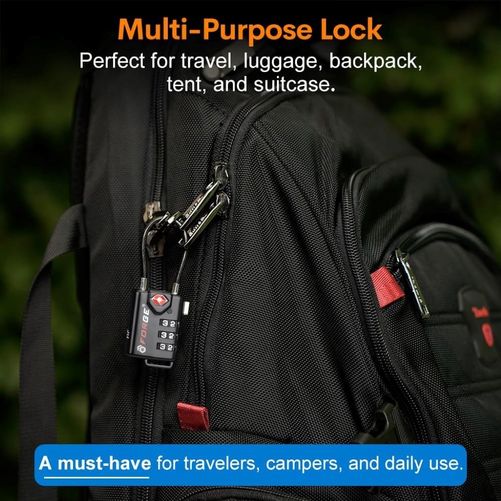 Close-up of Forge TSA cable locks securing suitcase zippers, highlighting resettable combo feature for travel safety.
