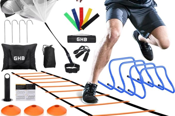 Athlete using the GHB agility ladder training set outdoors to improve speed, coordination, and football skills.