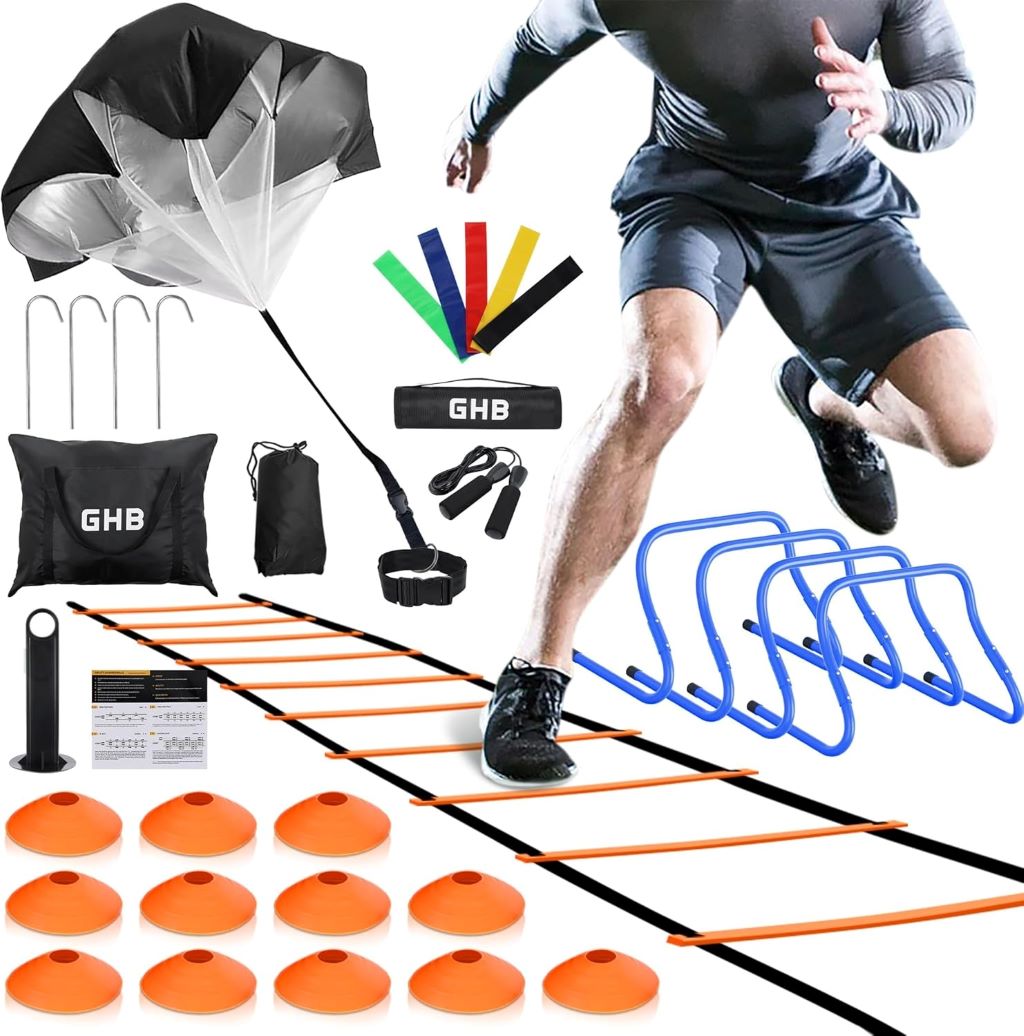 Athlete using the GHB agility ladder training set outdoors to improve speed, coordination, and football skills.