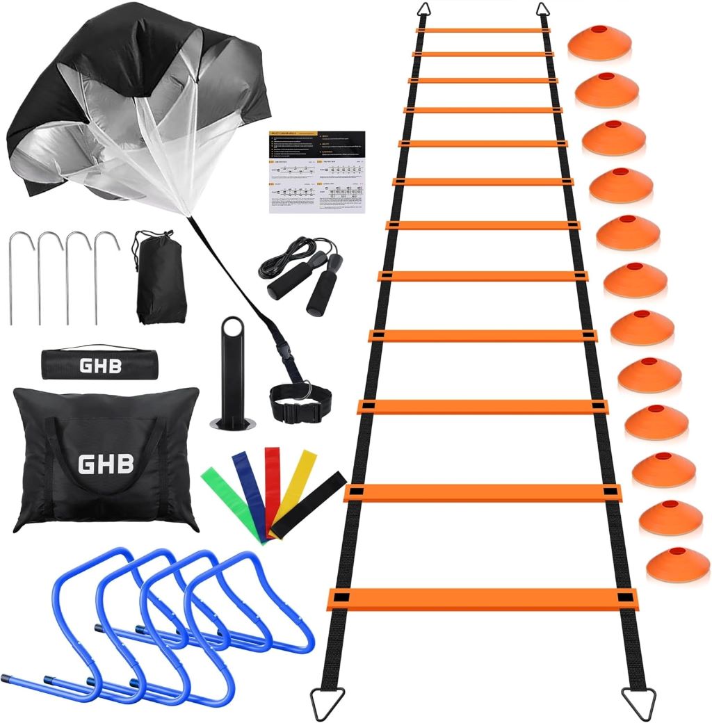 Close-up of GHB football training equipment set featuring agility ladder, hurdles, cones, and fitness accessories.