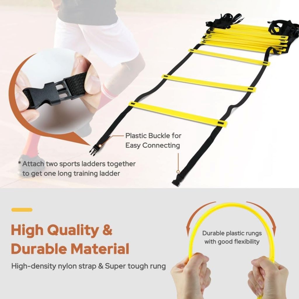 GHB Pro 12-Rung Agility Ladder laid out on grass, 20ft long, ideal for speed and agility training.