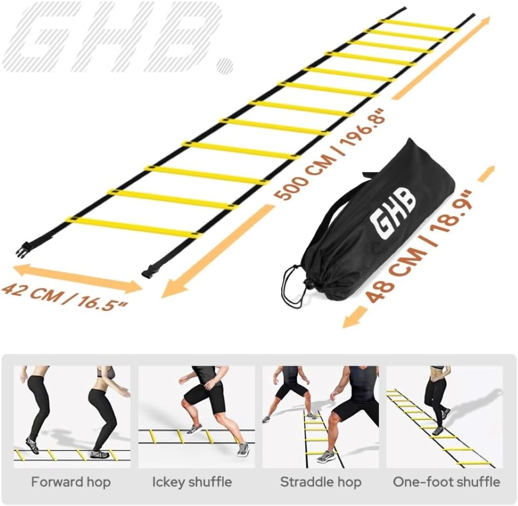 Athlete using the 20ft GHB Pro 12-Rung Agility Ladder for footwork and agility drills outdoors.