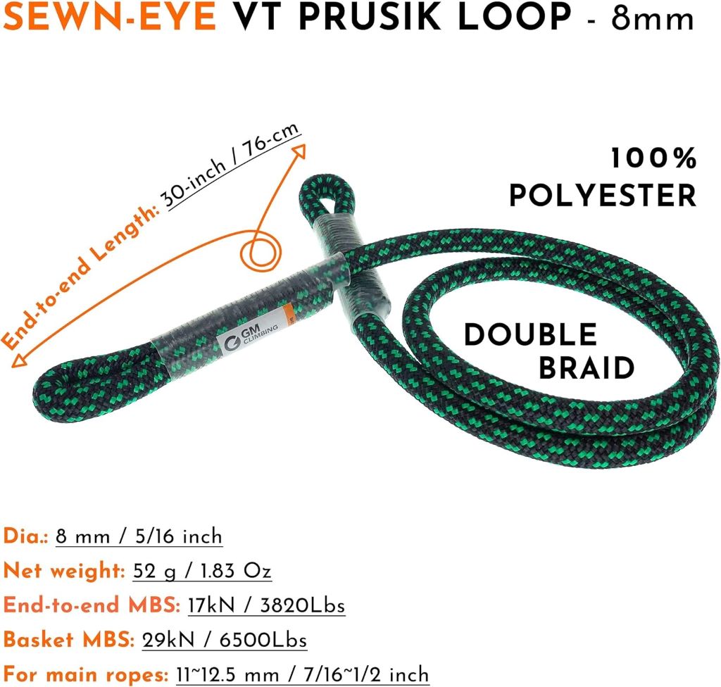 Close-up of GM Climbing Prusik Swen 8mm cord showing durable construction and pre-sewn loops for safe climbing.
