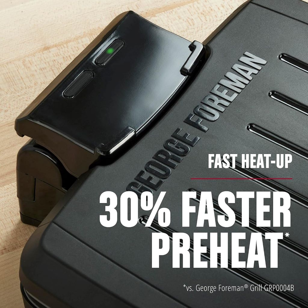 George Foreman submersible grill shown open with grilled food, highlighting dishwasher-safe design and nonstick surface.