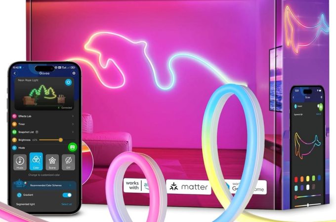 Close-up of Govee RGBIC smart LED strip installed along a desk edge, highlighting dynamic lighting effects and smart home integration.