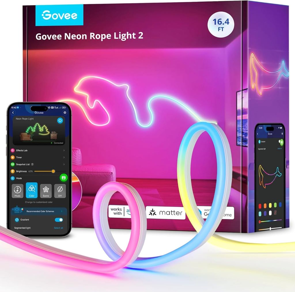 Close-up of Govee RGBIC smart LED strip installed along a desk edge, highlighting dynamic lighting effects and smart home integration.