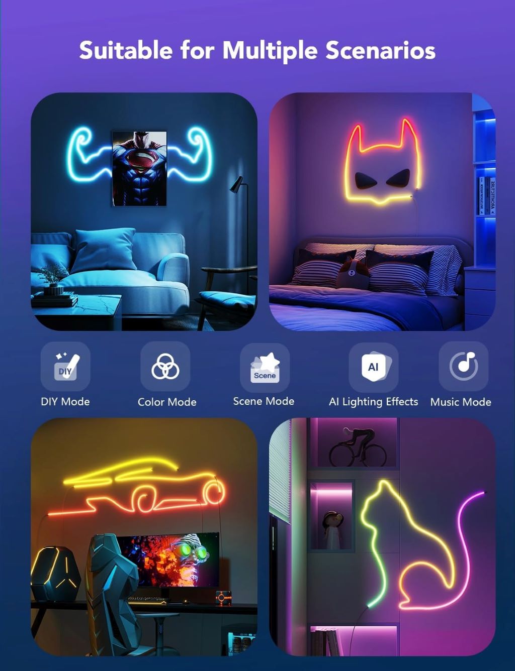Modern living room illuminated by Govee RGBIC LED strip in vivid colors, creating a cozy ambiance with smart voice control.